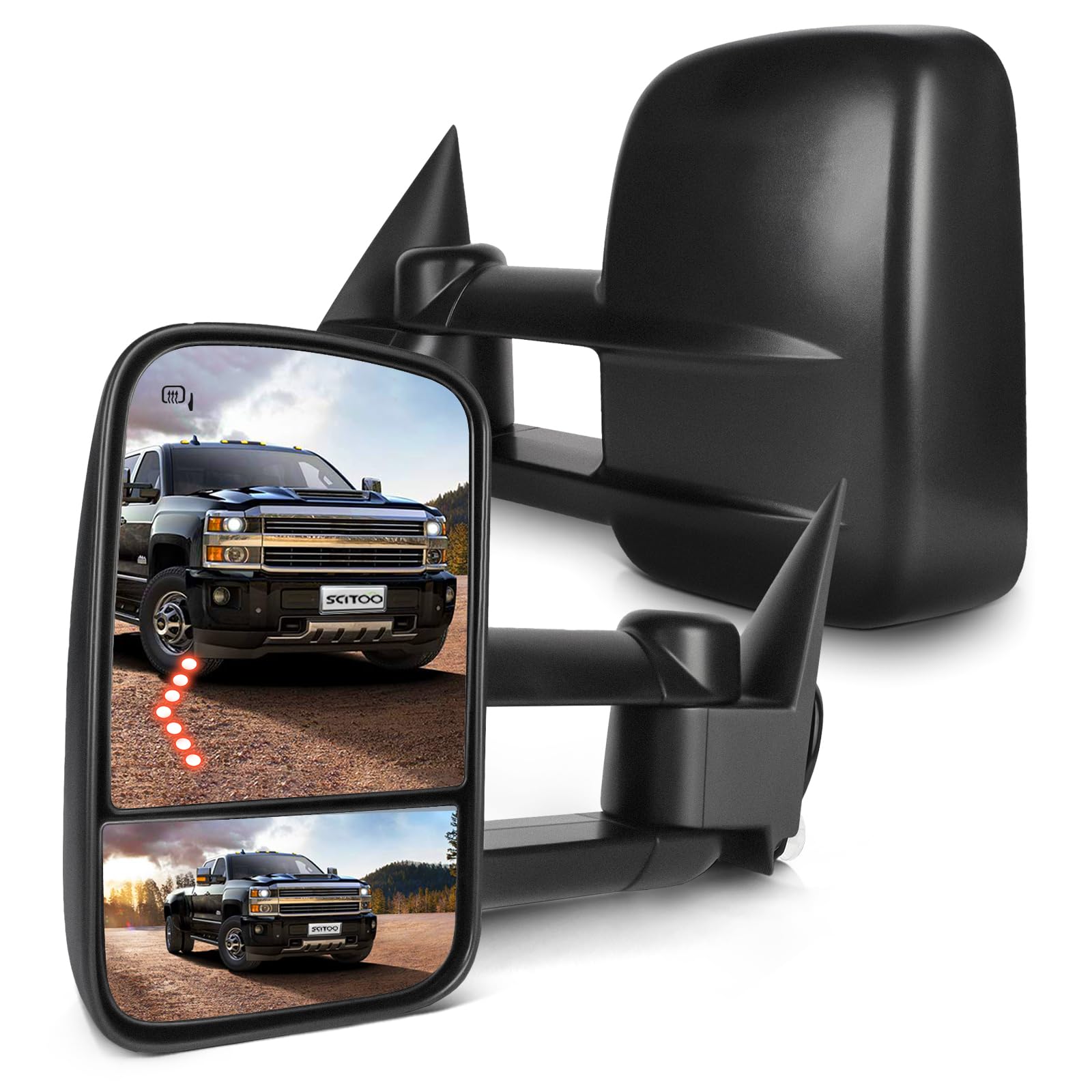 SCITOO towing mirrors installed on Chevy/GMC pickup for wider rear visibility.
