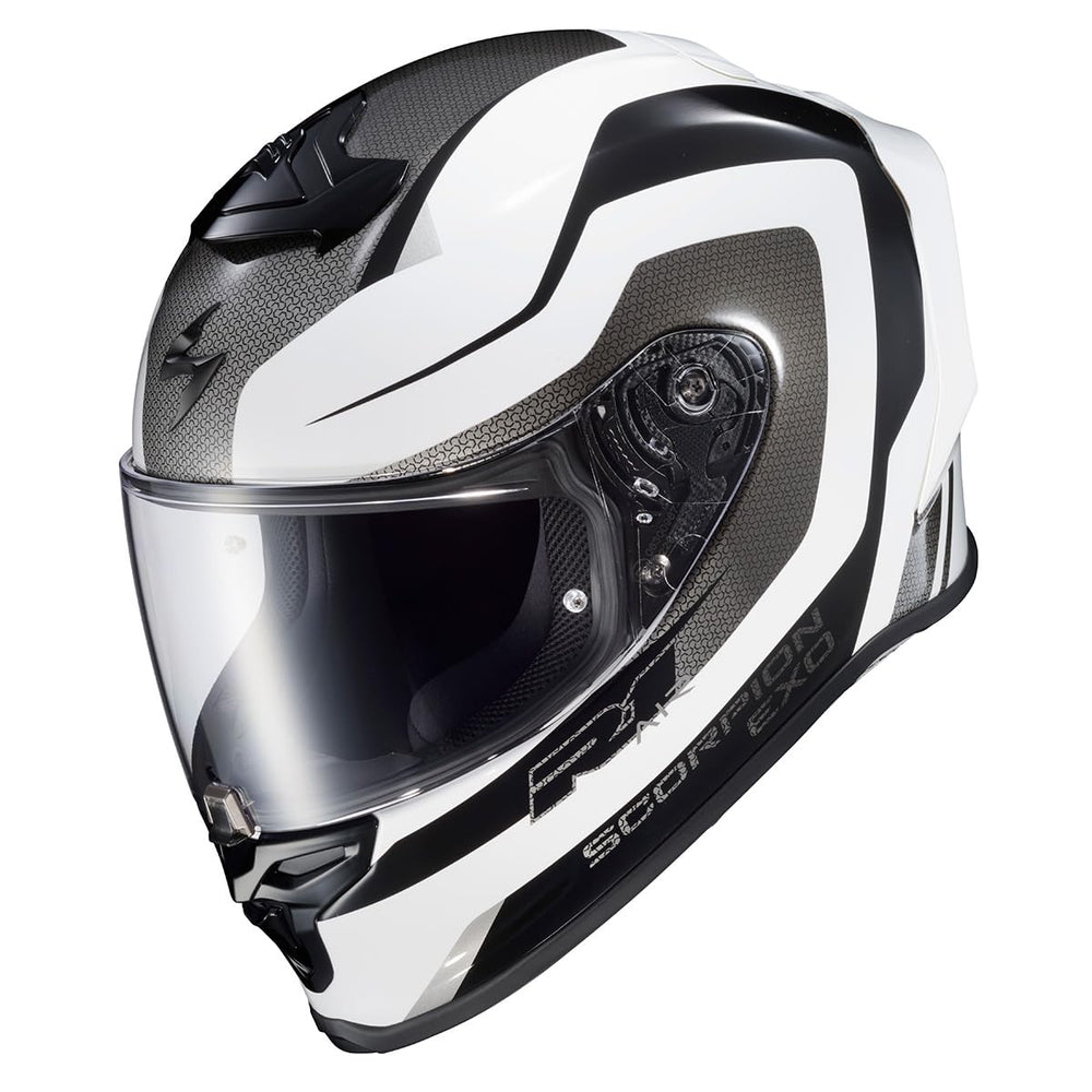 ScorpionEXO R1 Air helmet side view showing Bluetooth speaker pockets for hands-free riding
