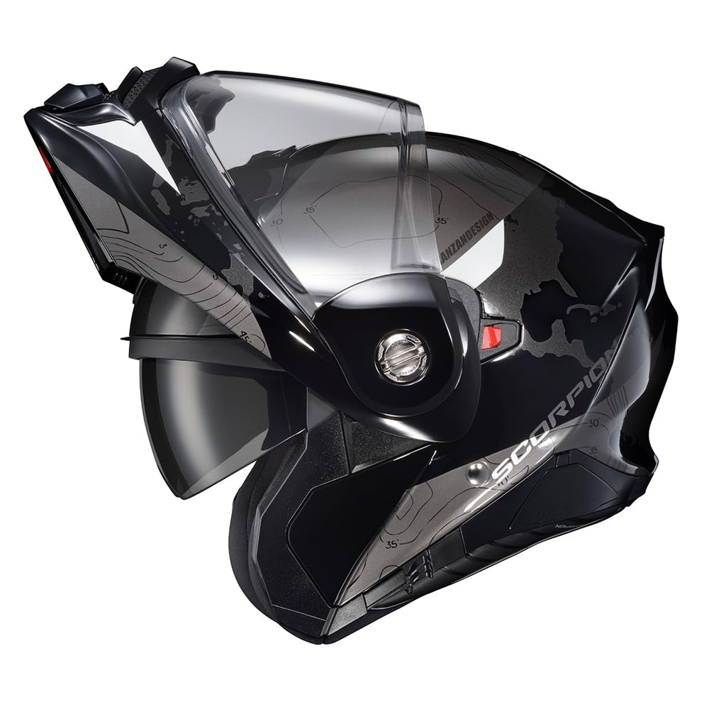 ScorpionEXO AT960 interior liner shows removable KwikWick fabric for cleaning.