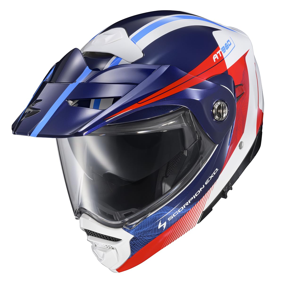 ScorpionEXO AT960 modular chin-bar red white blue XL for adaptable touring.