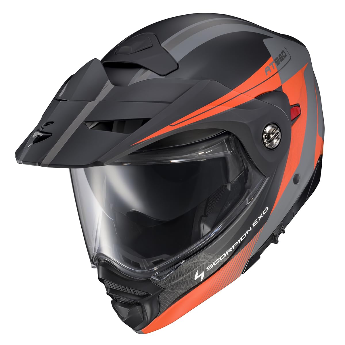 ScorpionEXO AT960 side view with peak visor, ready for Bluetooth and comms integration.