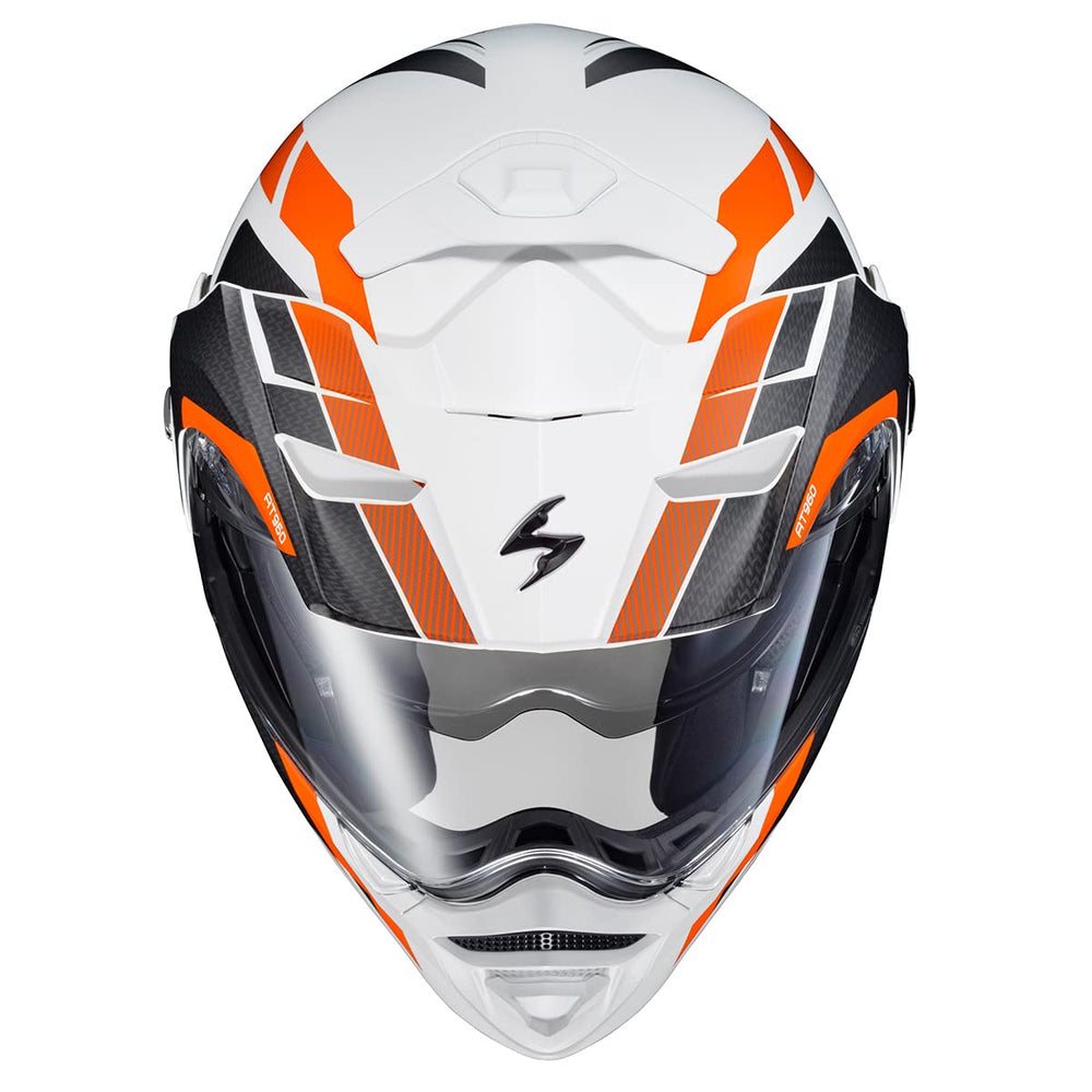 ScorpionEXO AT960 orange side view showing flip-up chin bar for easy access