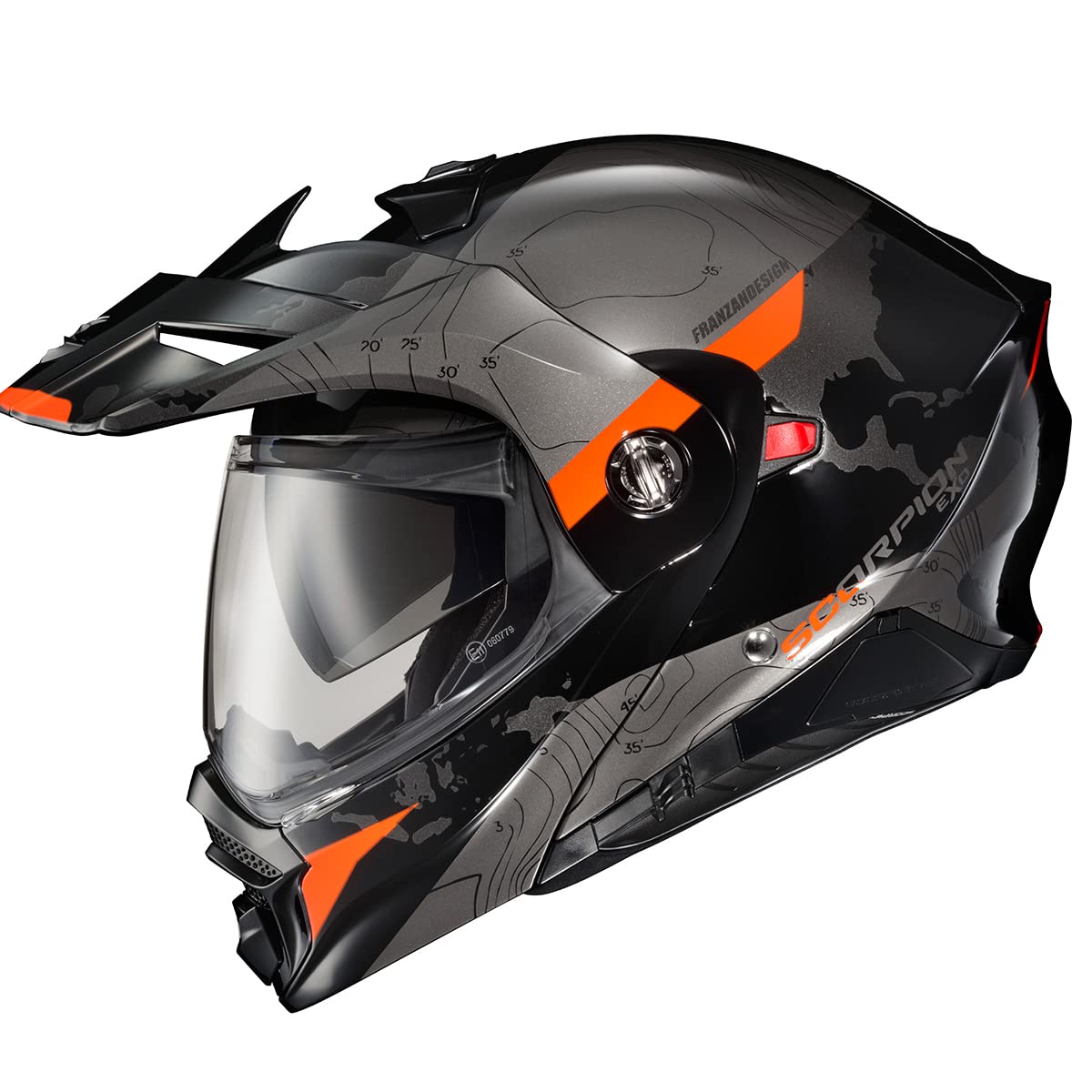 ScorpionEXO AT960 orange front view, streamlined shell for smoother rides.