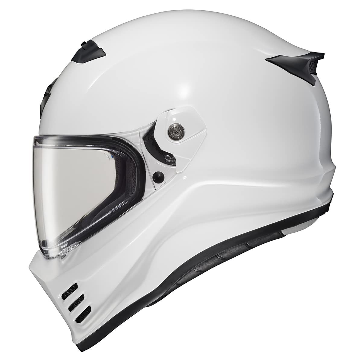 ScorpionEXO Covert FX front view in gloss white, optimized aerodynamics for improved airflow.