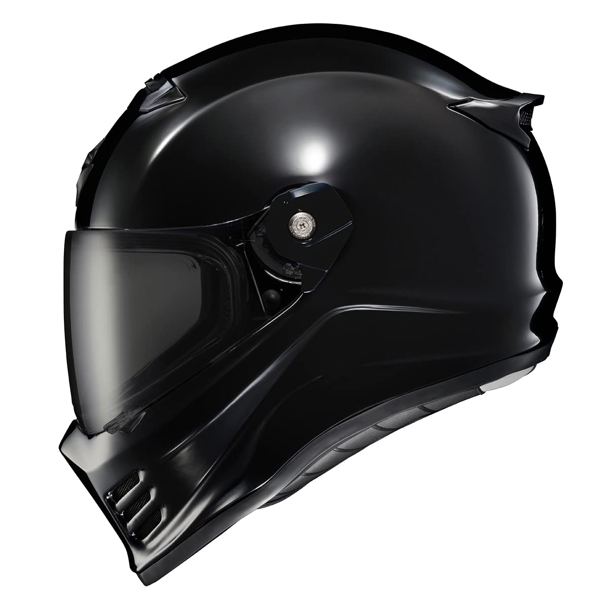 ScorpionEXO Covert FX helmet front view in gloss black, highlighting aerodynamic silhouette for city riding