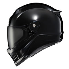 ScorpionEXO Covert FX helmet front view in gloss black, highlighting aerodynamic silhouette for city riding