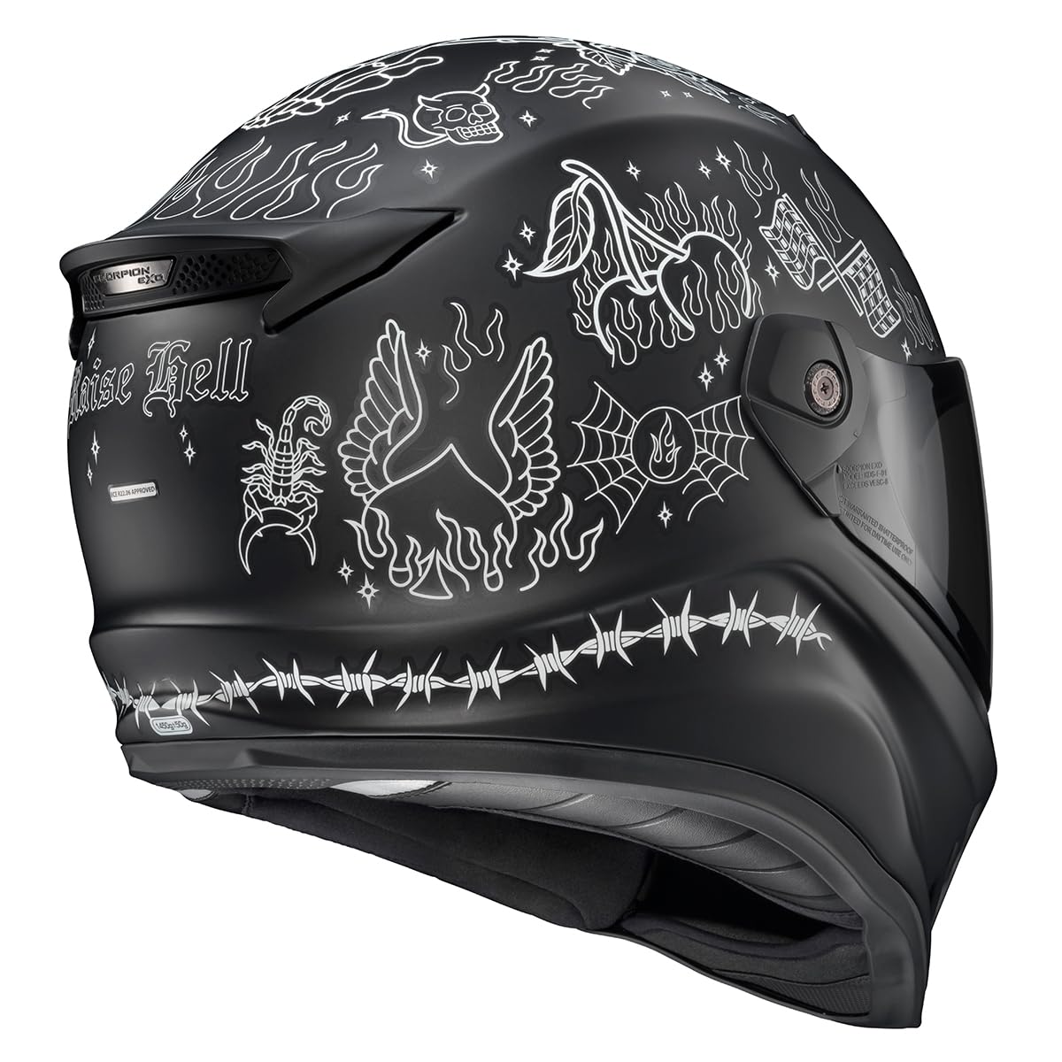 ScorpionEXO Covert FX shield highlights fog-free visibility and UV protection.