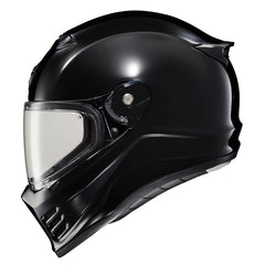 ScorpionEXO Covert FX helmet side view in gloss black, showcasing ventilation and contours for touring