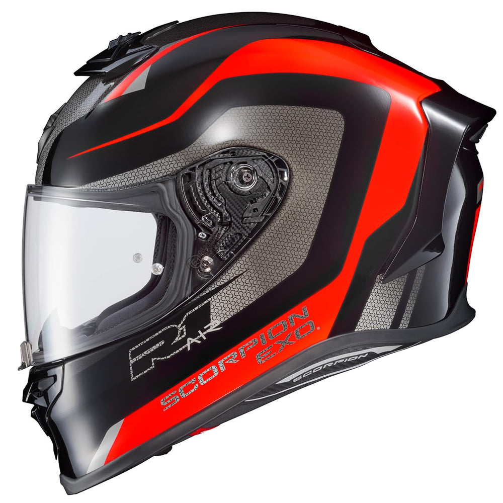ScorpionEXO R1 Air front view in red/black, optimized for smooth airflow and reduced drag.