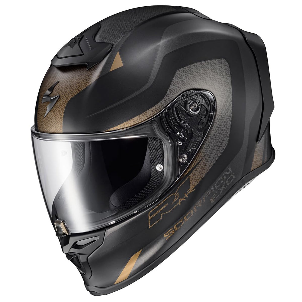 ScorpionEXO R1 Air helmet with shield and vents showing Pinlock-ready protection and airflow