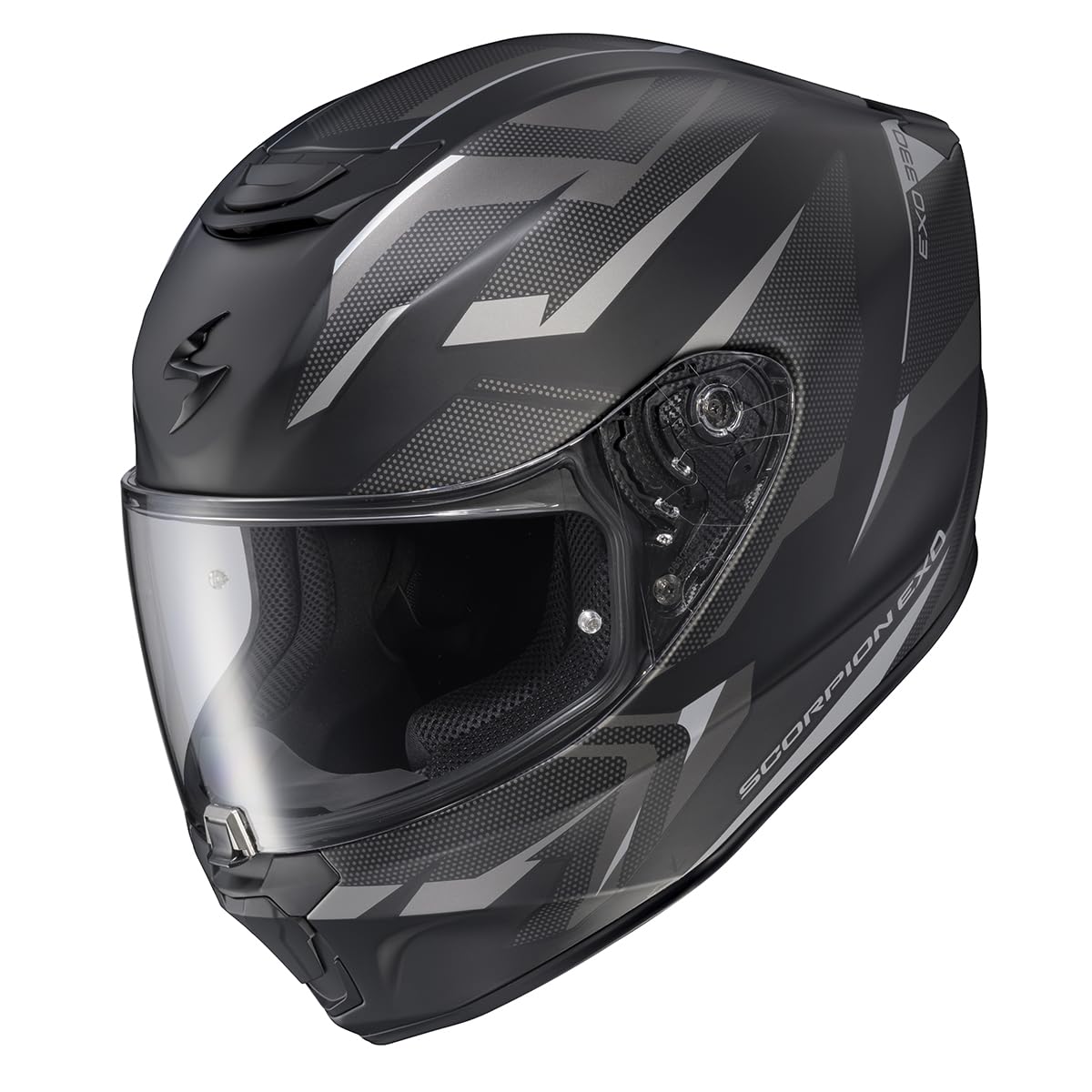 ScorpionEXO R330 helmet side view showing Bluetooth pockets and glasses-friendly fit
