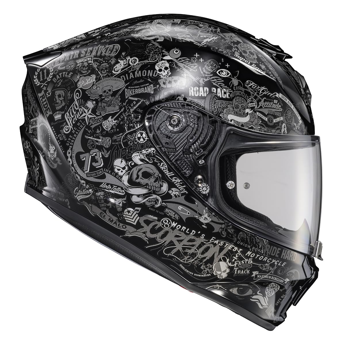 ScorpionEXO R330 helmet with pockets for Bluetooth speaker compatibility.