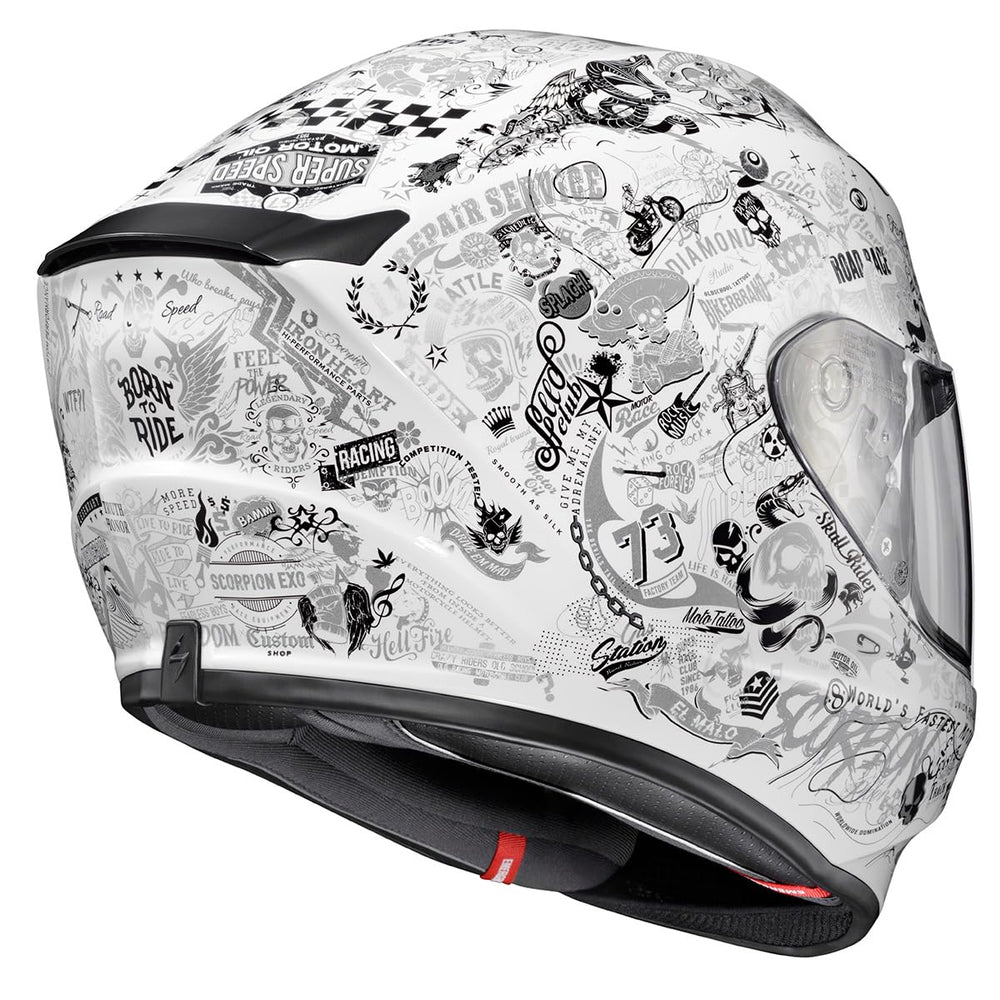 ScorpionEXO R420 emergency-release cheek pads support quick safety access.
