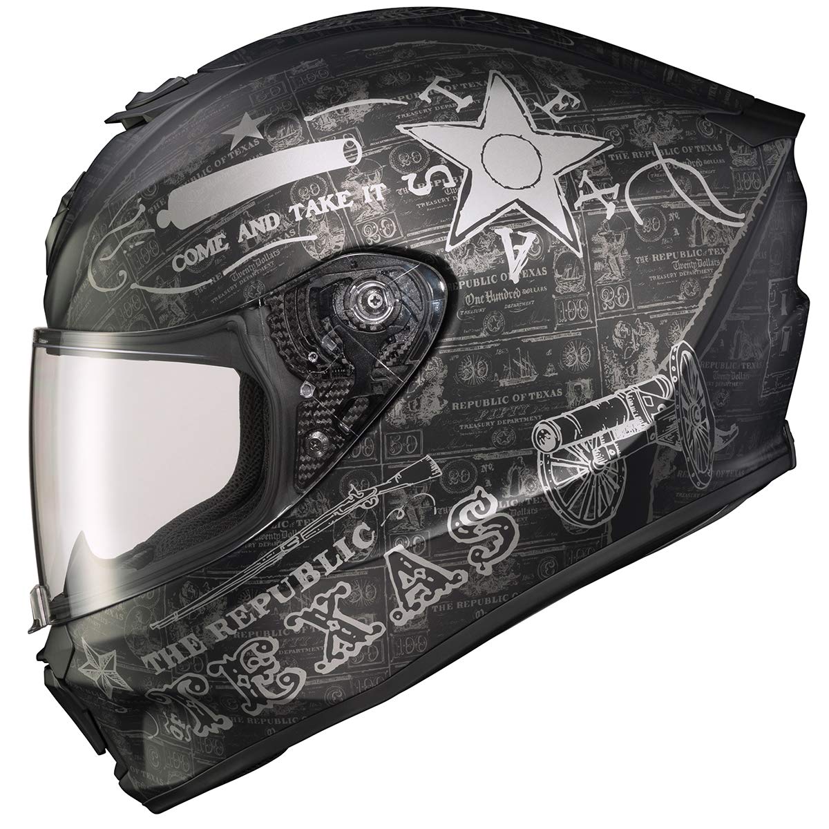 ScorpionEXO R420 Lone Star shell highlighting impact-dispersing polycarbonate design for riders