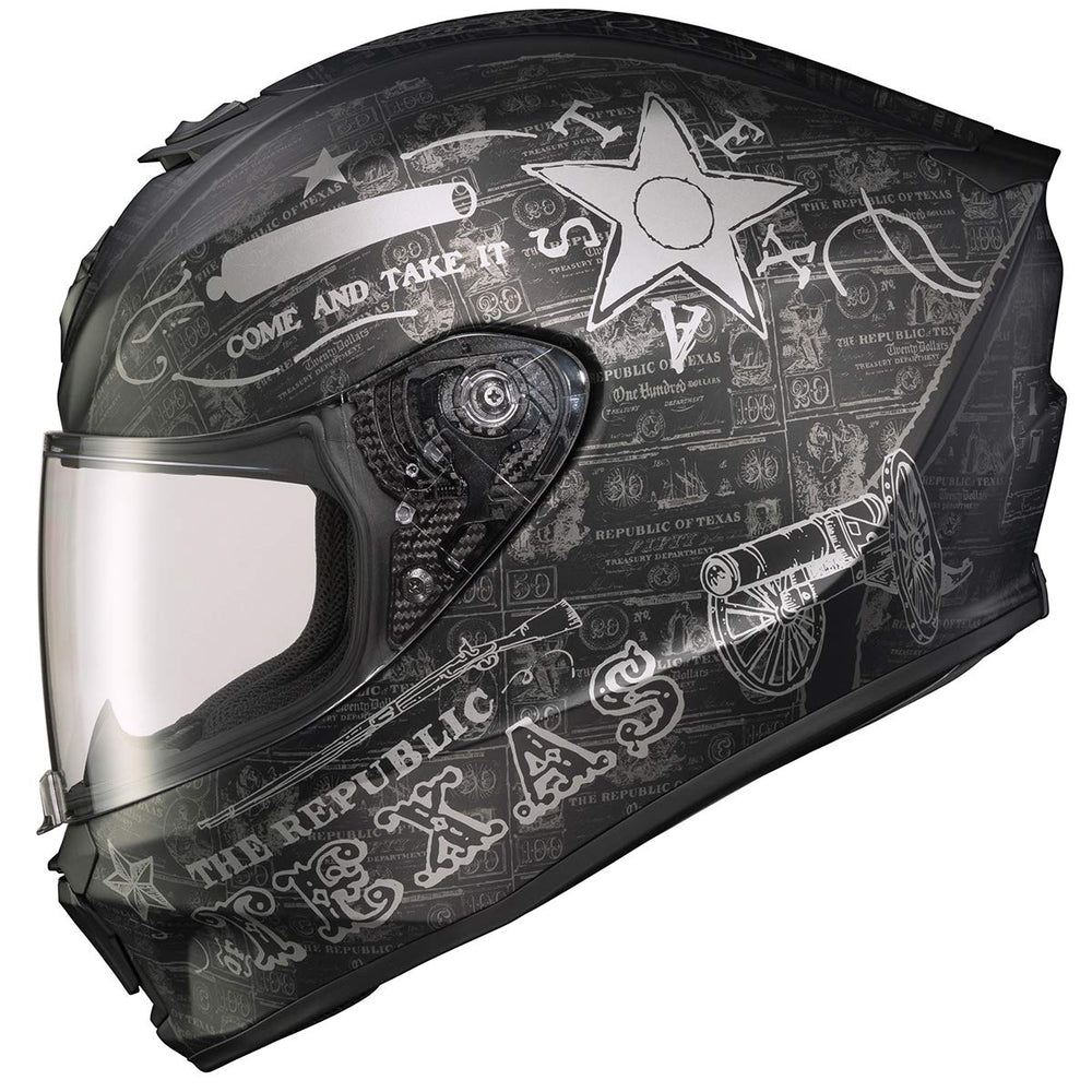 ScorpionEXO R420 Lone Star shell highlighting impact-dispersing polycarbonate design for riders