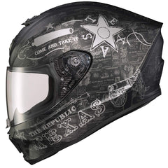 ScorpionEXO R420 Lone Star shell highlighting impact-dispersing polycarbonate design for riders