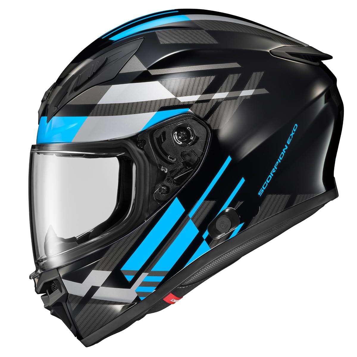 ScorpionEXO R430 front view highlighting its Paradox light blue shell and aero design.