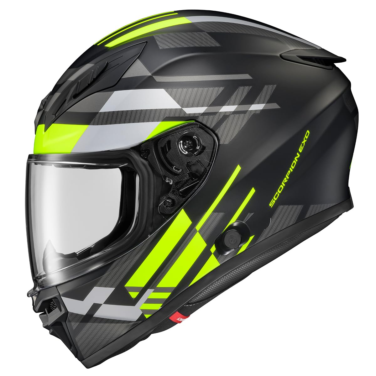 ScorpionEXO R430 hi-viz helmet on motorcycle improves rider visibility at night.