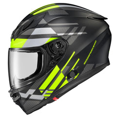 ScorpionEXO R430 hi-viz helmet on motorcycle improves rider visibility at night.