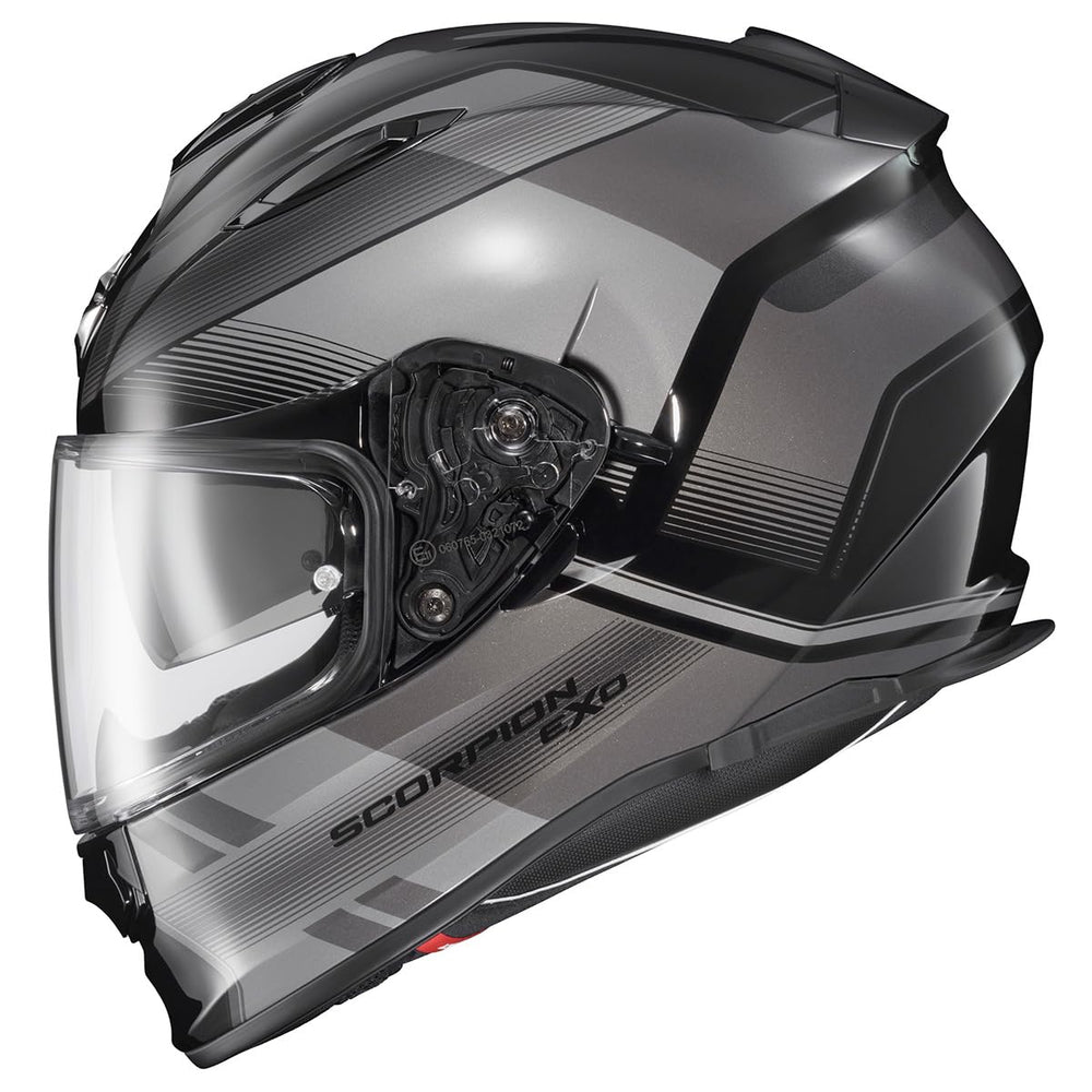 ScorpionEXO Ryzer helmet shell closeup highlighting lightweight polycarbonate construction.