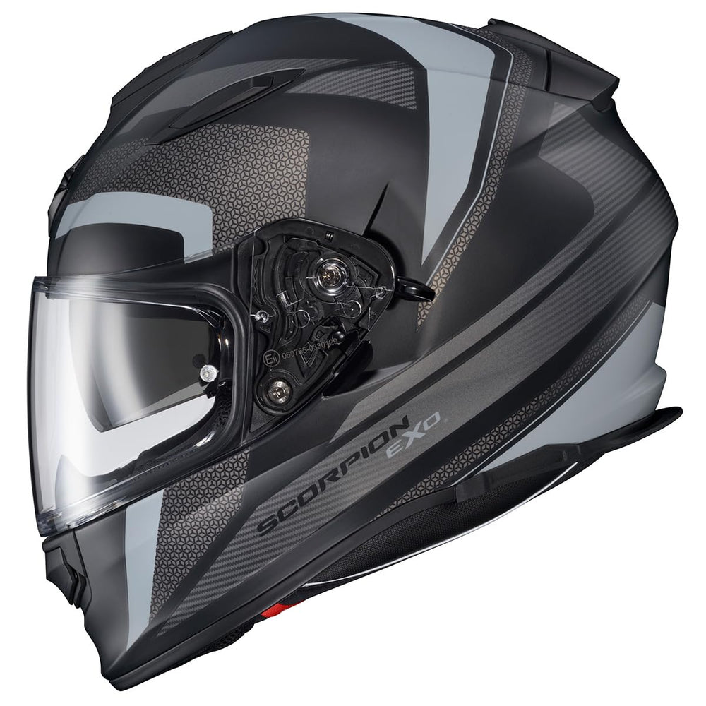 ScorpionEXO Ryzer helmet shield close-up with Everclear anti-fog tech and UV protection.