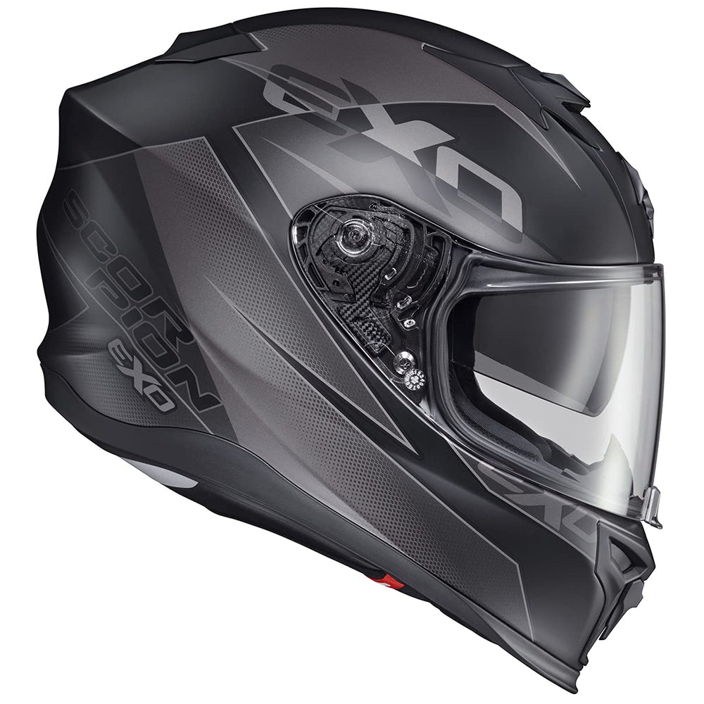 ScorpionEXO T520 aero-ventilation closeup demonstrates adjustable intake and exhaust for cooling.