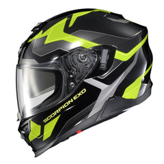 ScorpionEXO T520 front view in black and hi-visibility with aerodynamic shell design