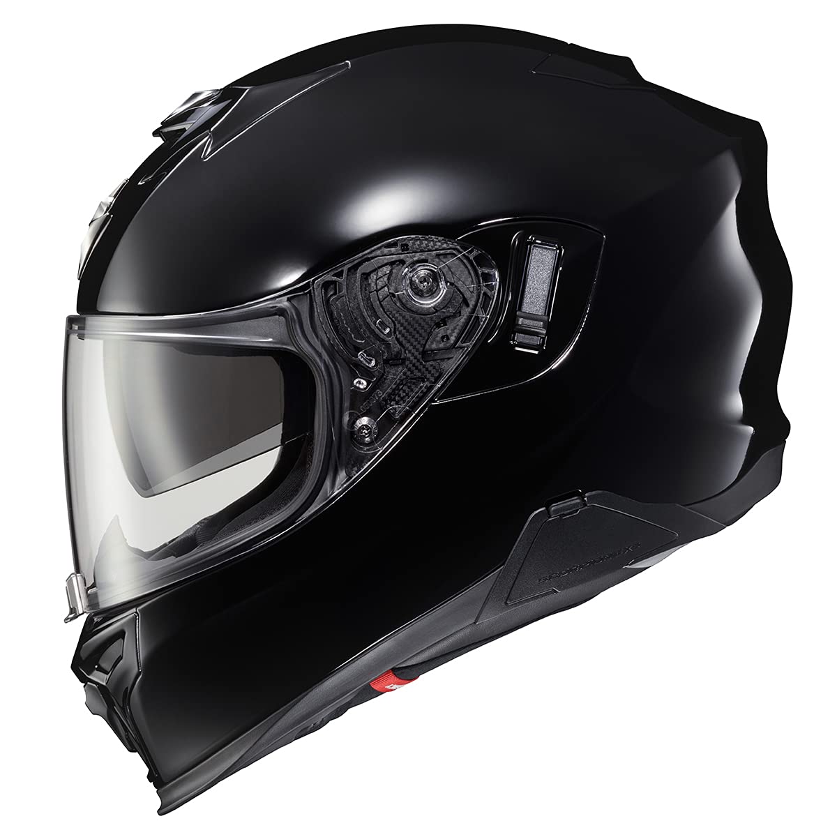 ScorpionEXO T520 gloss black helmet, front view, designed for touring comfort and ventilation.