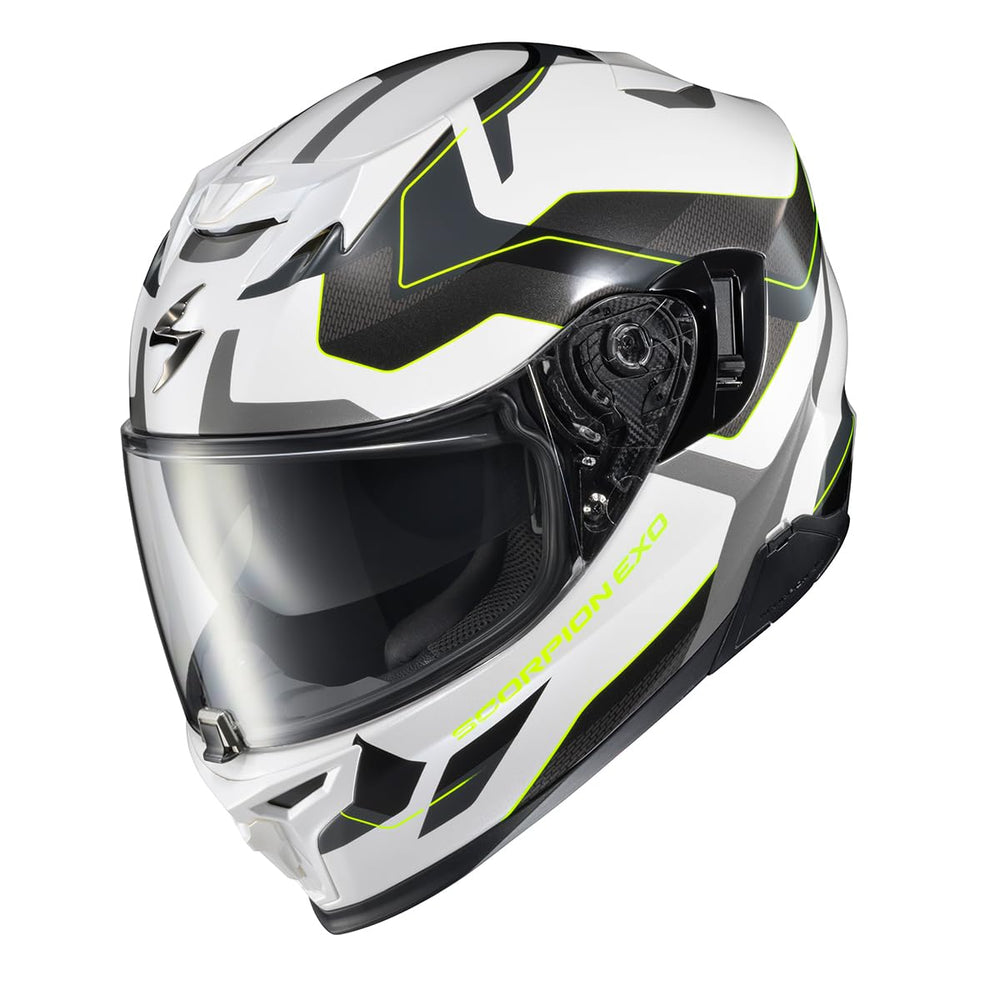 ScorpionEXO T520 side view highlighting ventilation and speaker pockets for comfort on rides.