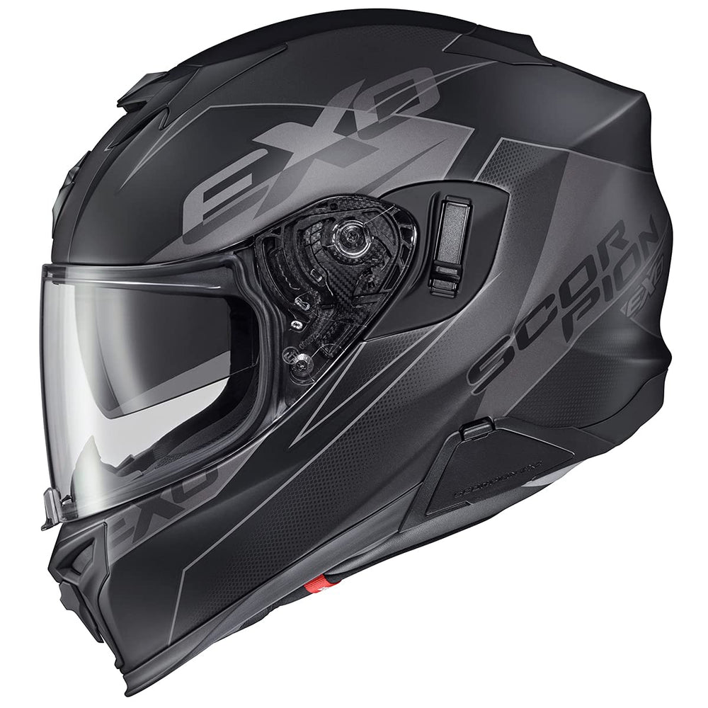 ScorpionEXO T520 Phantom Small front view highlights aerodynamic silhouette for touring comfort.