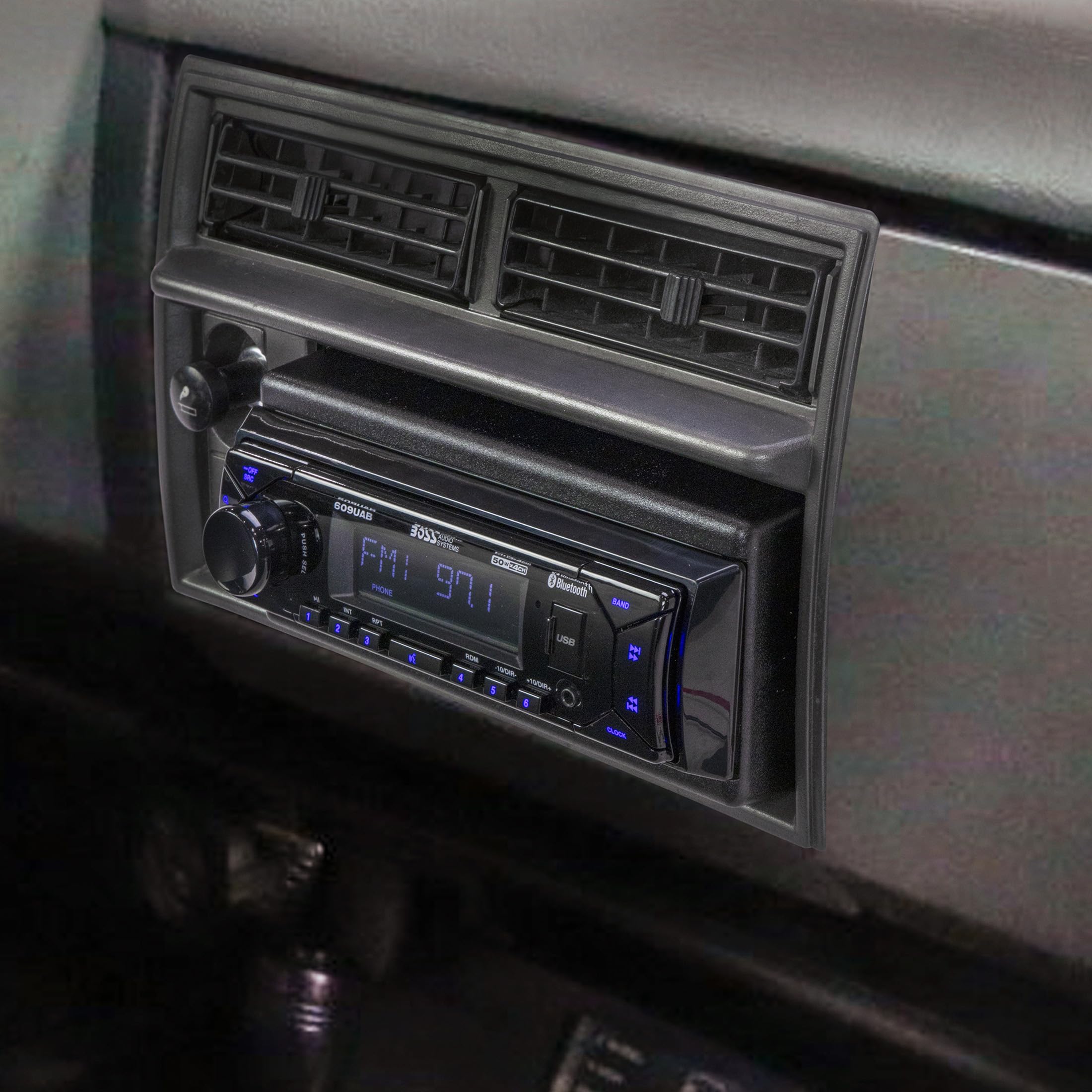 Scosche GM1500B standard DIN cutout 50x180 accommodates many radios.