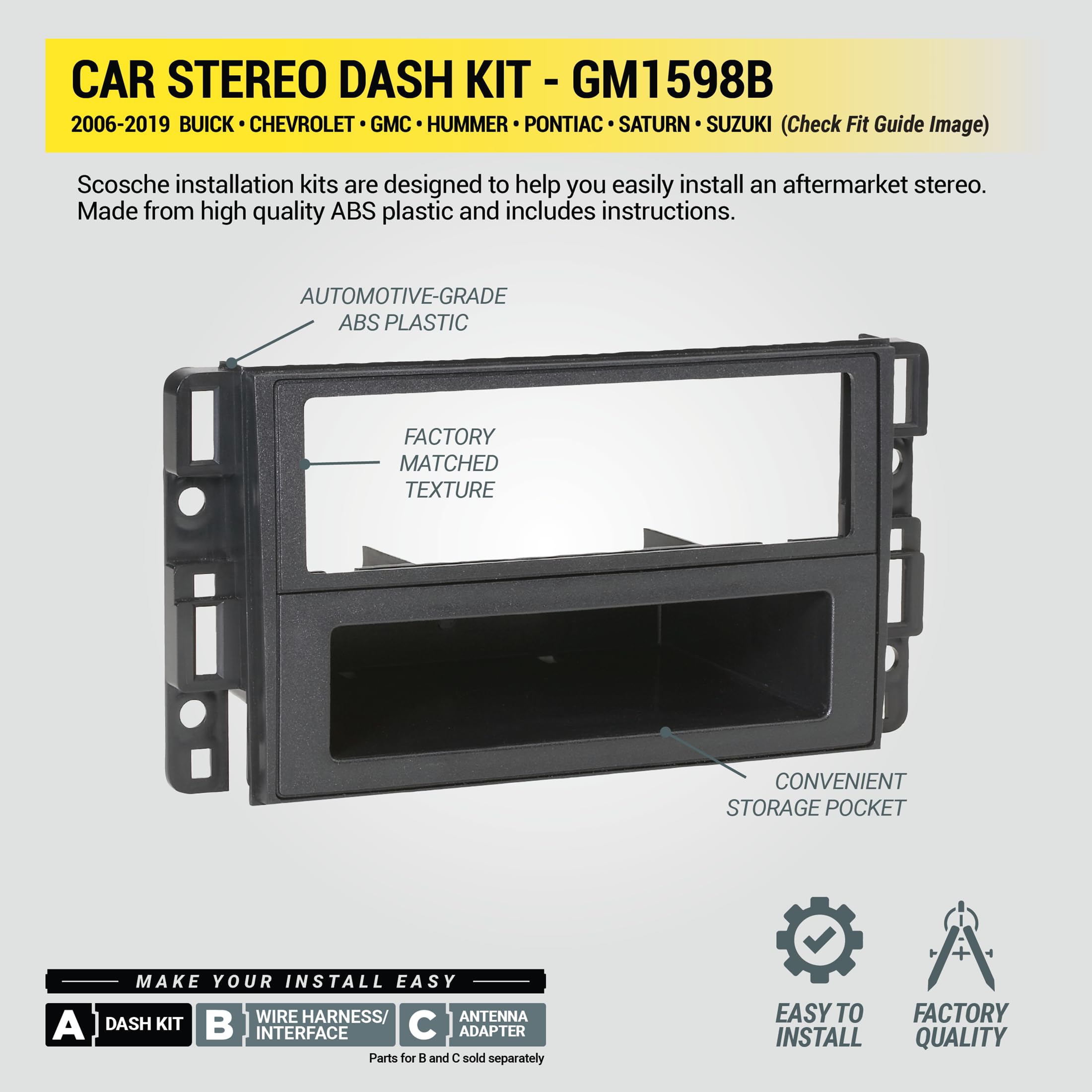 Scosche GM1598B dash assembly shows precise fit for 2006–2019 GM models.