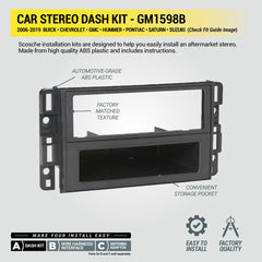 Scosche GM1598B dash assembly shows precise fit for 2006–2019 GM models.