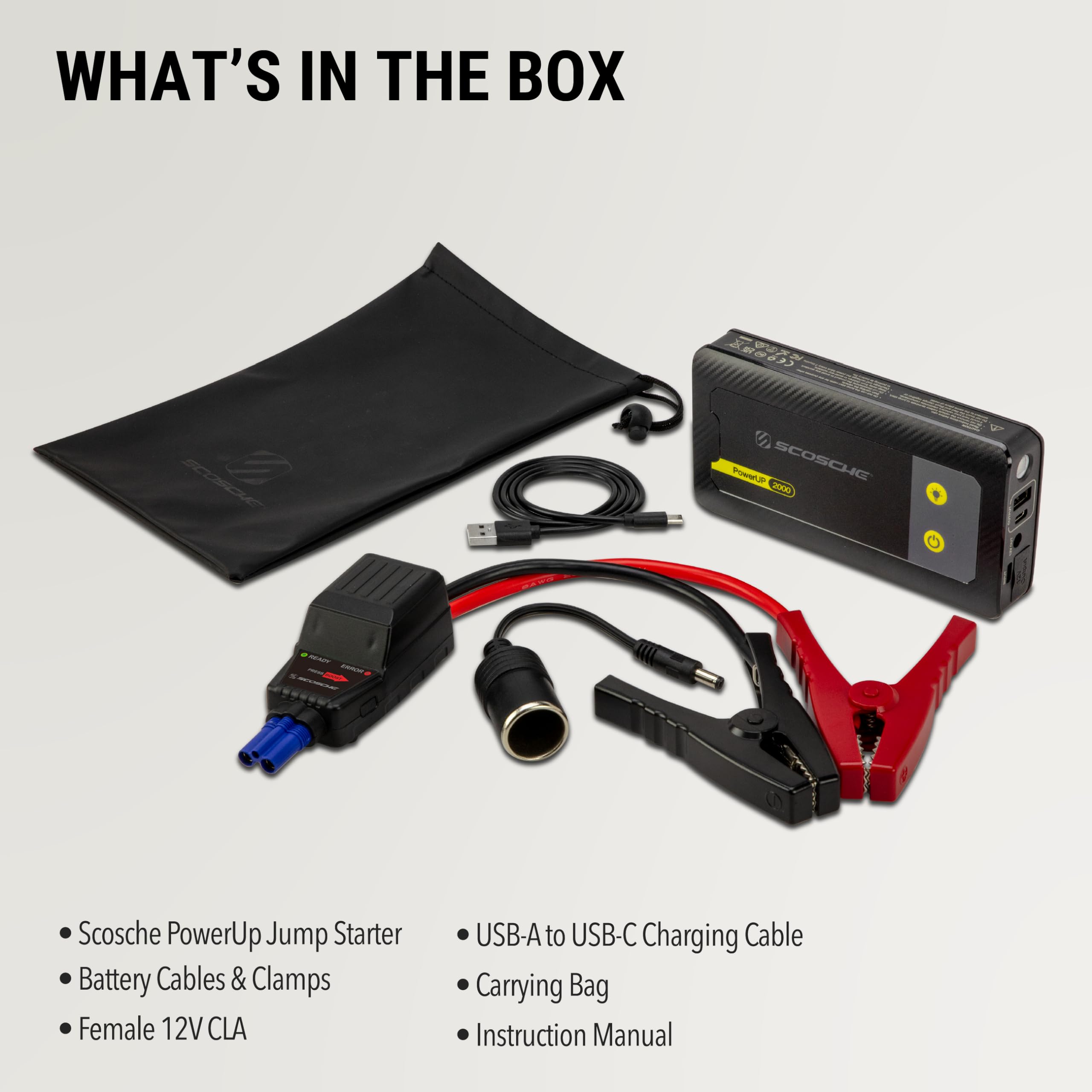 Scosche PBJ2000 jumper cables and clamps included for safe connections