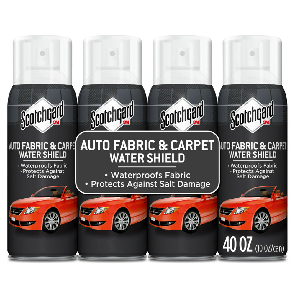 Scotchgard Auto Interior Water Shield bottle protects fabrics in car interiors.