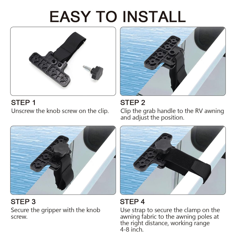 scottchen PRO awning clamps strap-secure usage shows fabric being held at proper distance.