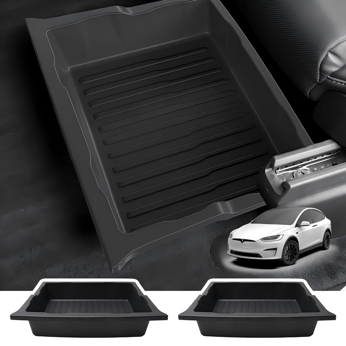 SCREW RHINO under-seat storage box under Tesla Model X showing compact organization under seats