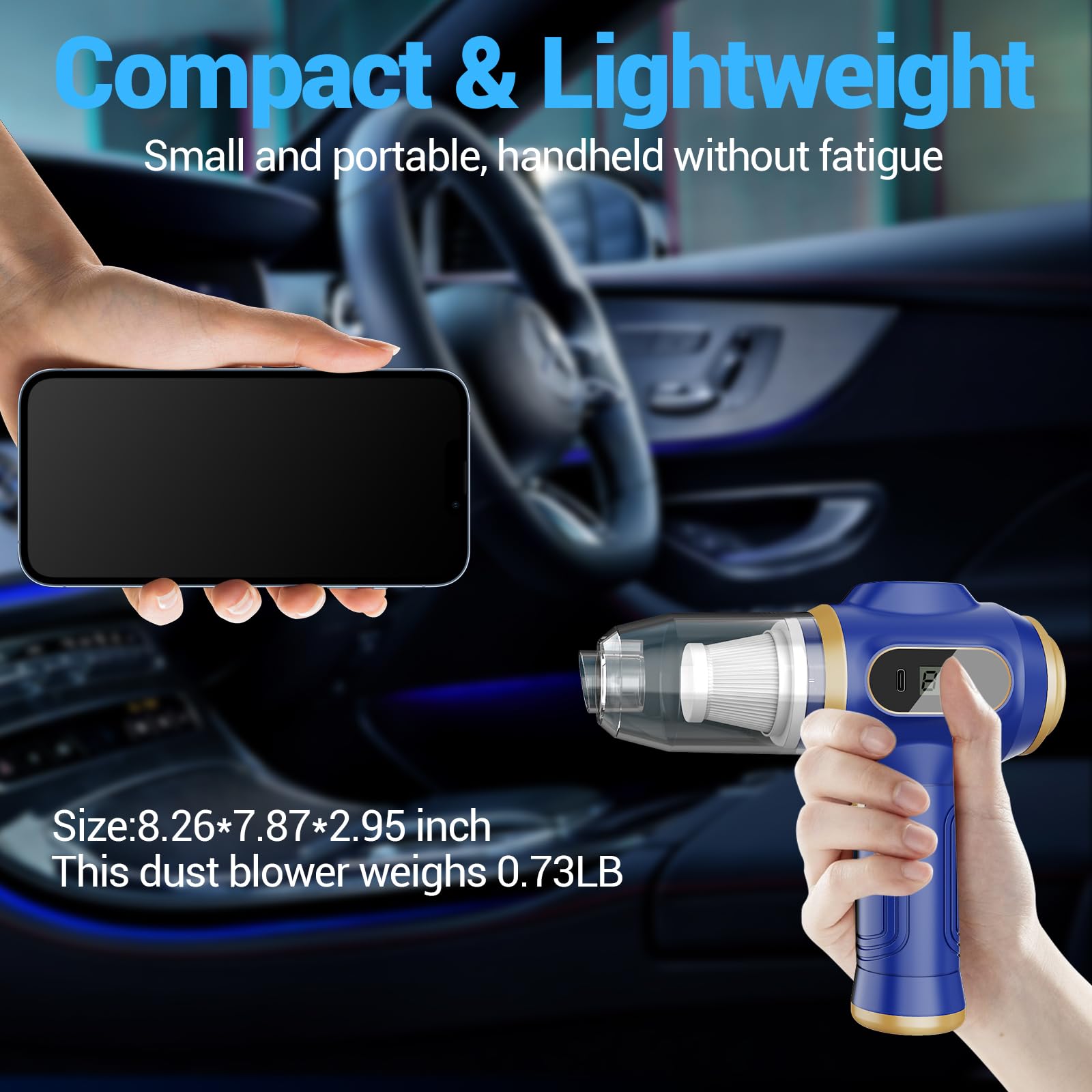Scstartx car vacuum LCD display shows power status and charging progress
