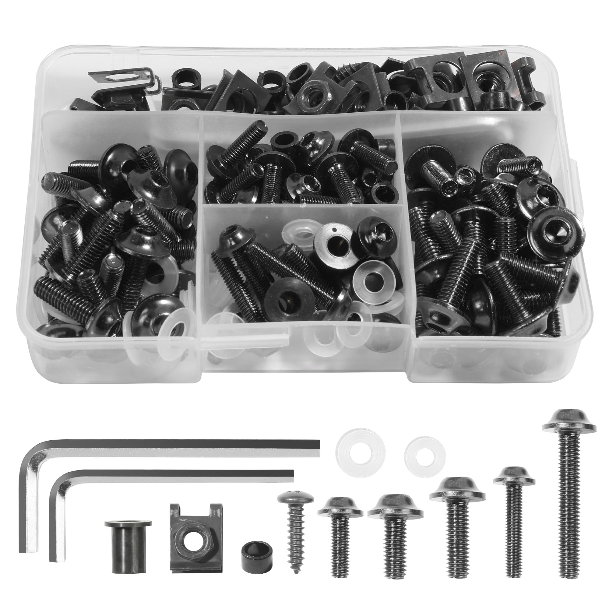 SCUARI motorcycle fairing bolt kit packaging showing the complete 177-piece set.