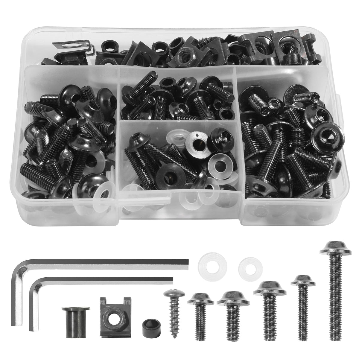 SCUARI motorcycle fairing bolt kit packaging showing the complete 177-piece set.