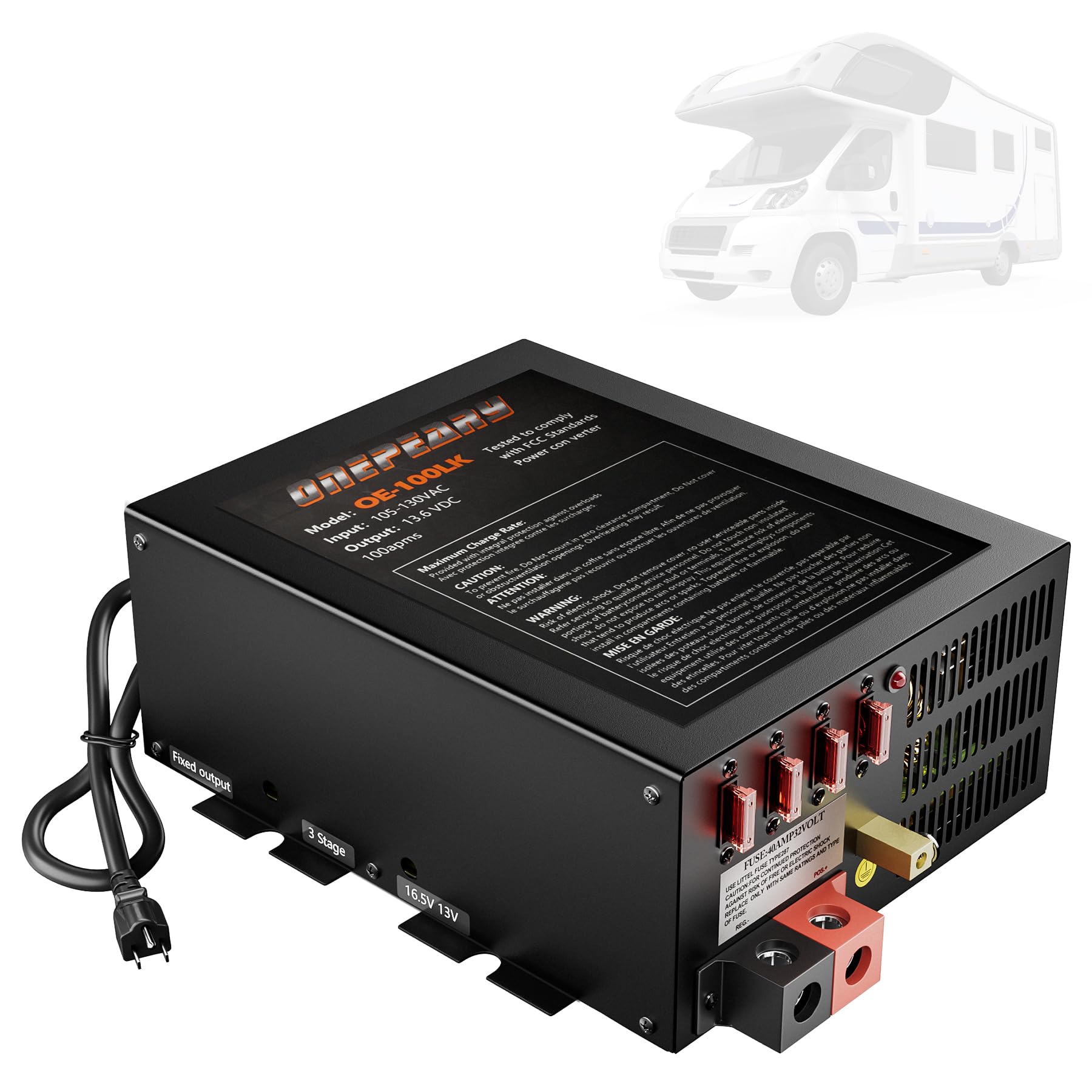 Sdanbom PM4 front view shows compact RV power converter delivering 100A DC output for devices