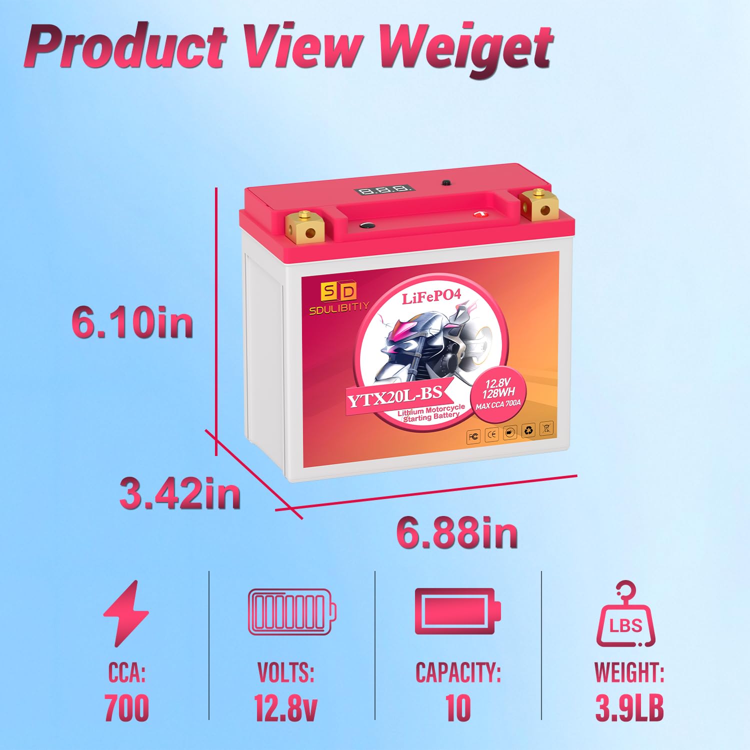 SDULIBITIY YTX20L-BS top display shows battery status at a glance