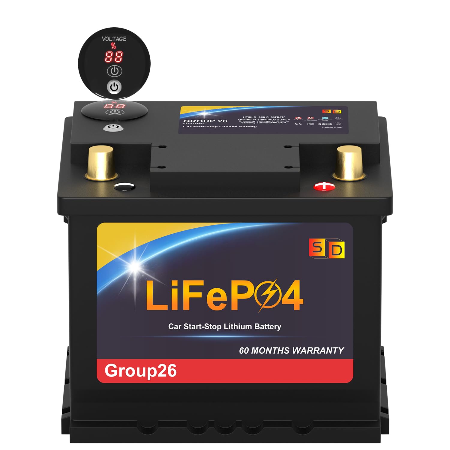 SDULIBITIY lithium car battery front view for reliable start-stop performance