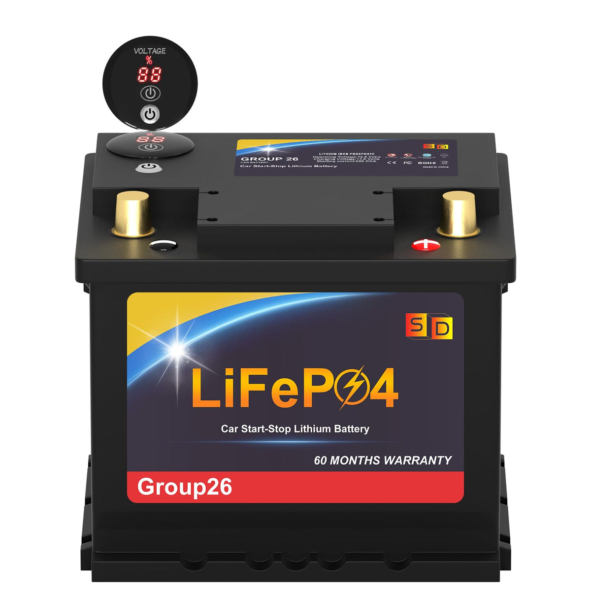 SDULIBITIY lithium car battery front view for reliable start-stop performance