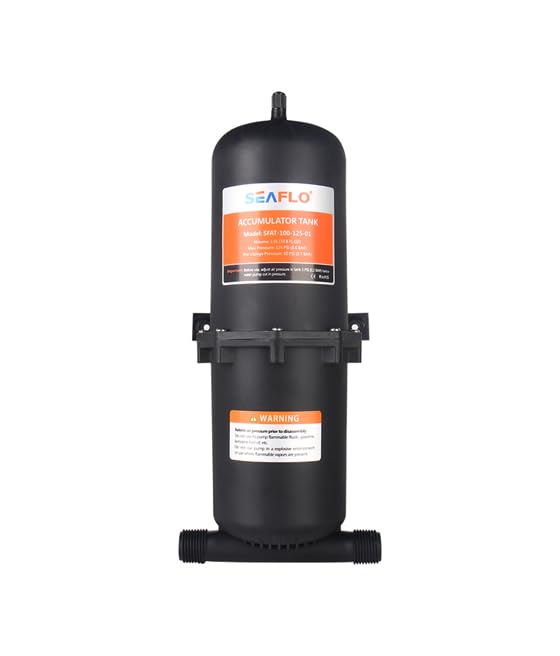SEAFLO accumulator tank showing pressurized 39 oz capacity for RV and marine use