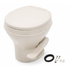 SEAFLO bone parchment RV toilet front view showing compact profile for campers