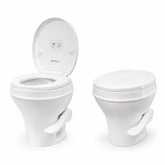 SEAFLO RV toilet with foot-pedal flush demonstrates hands-free operation