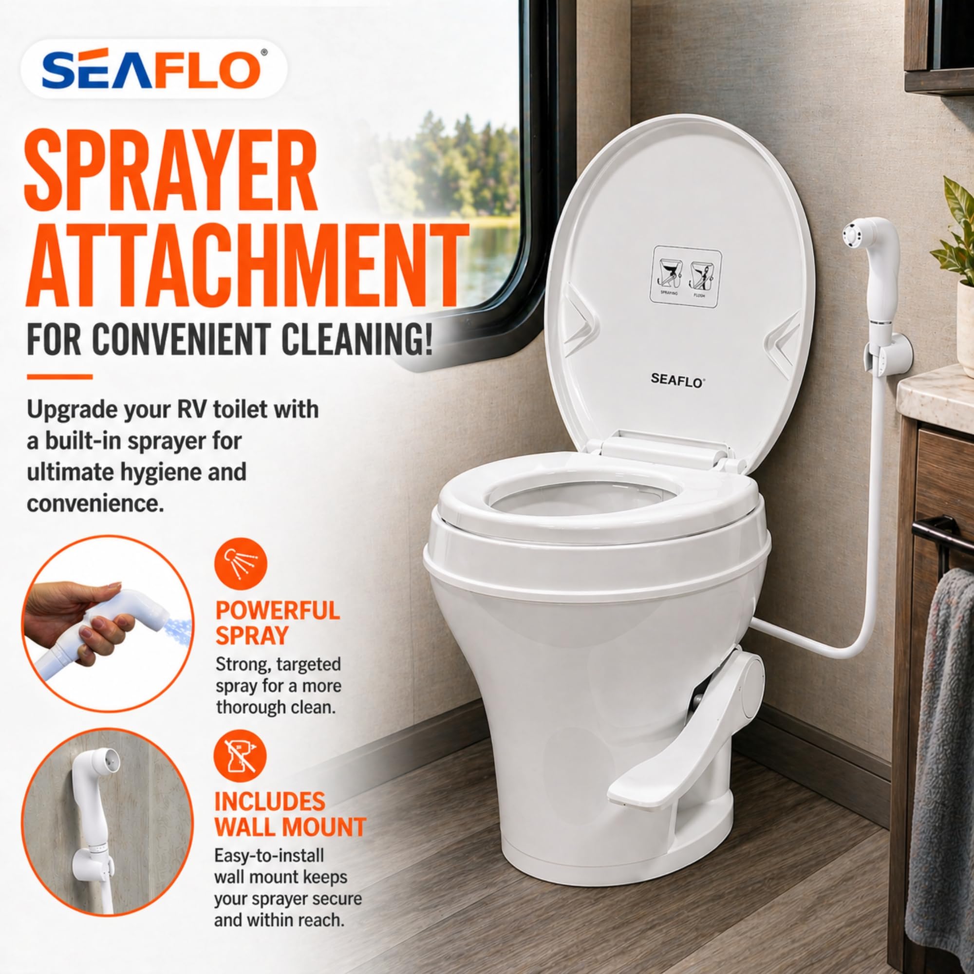 SEAFLO RV toilet foot-pedal operation for hands-free flushing on the move