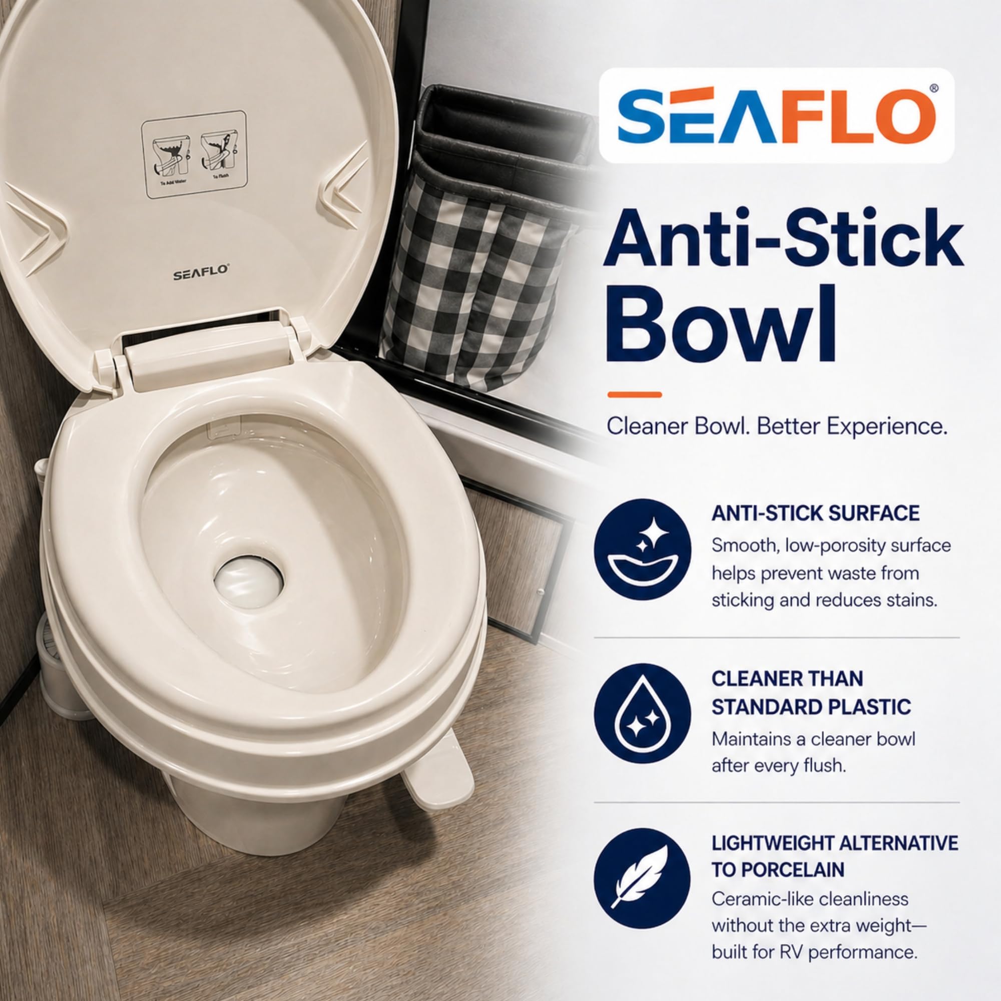 SEAFLO RV toilet in a camper setup for travel trailer use