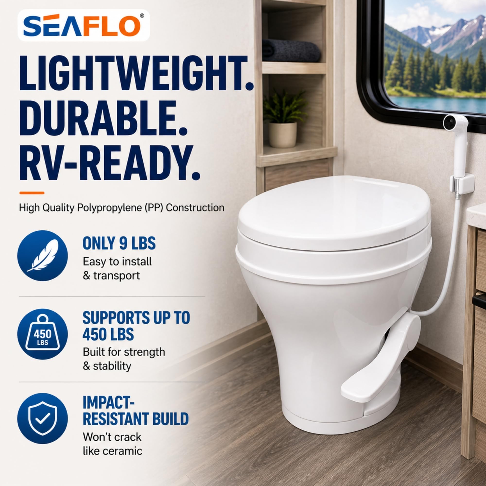 SEAFLO RV toilet 18.4-inch residential height for familiar comfort during travel